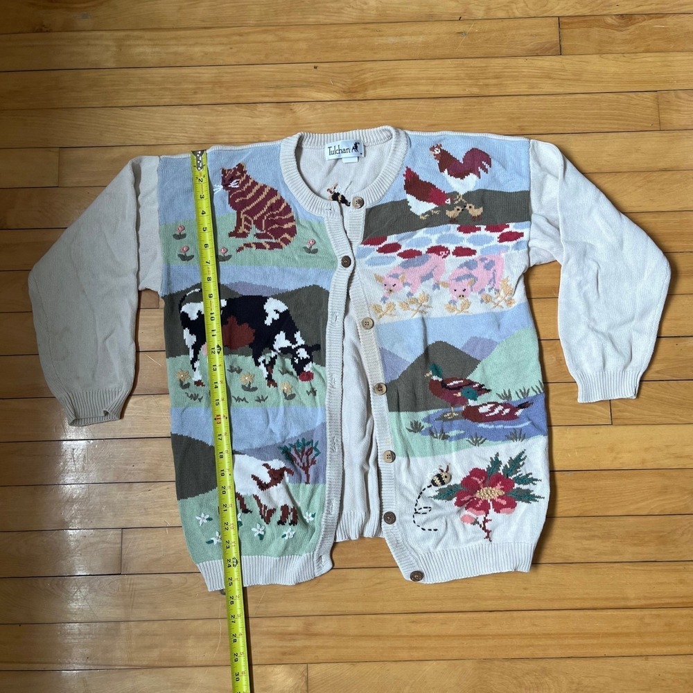 Vintage Tulchan Novelty Cardigan Sweater Cream Multicolor Medium - Picture 4 of 5
